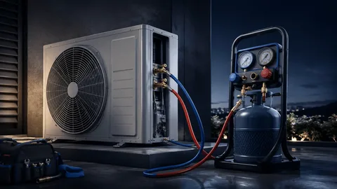 Refrigerant gas refill being carried out on a Valencia air conditioning unit