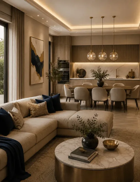 Luxury open-plan living room and kitchen in a Valencia apartment